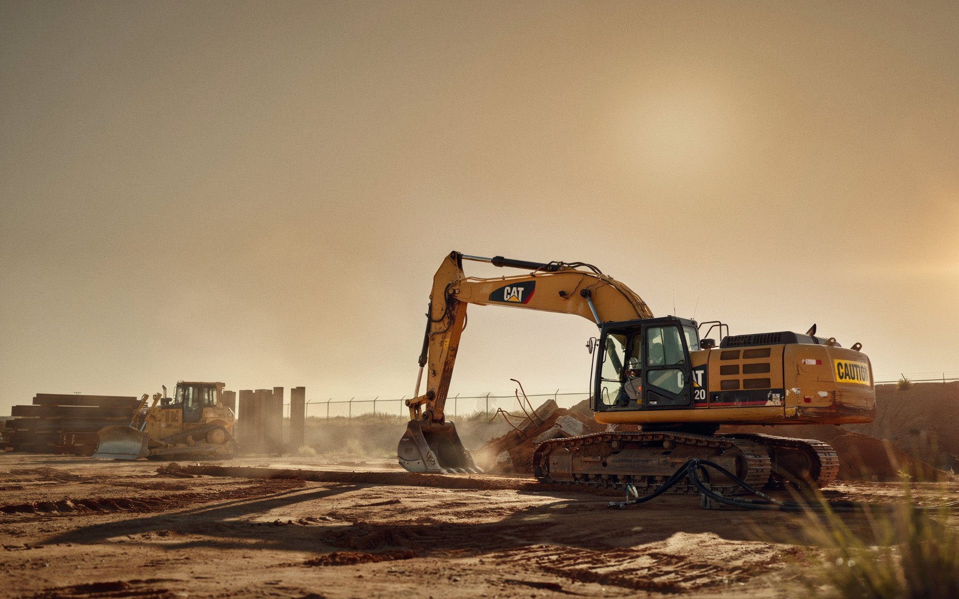 CAT excavator on a job site at golden hour