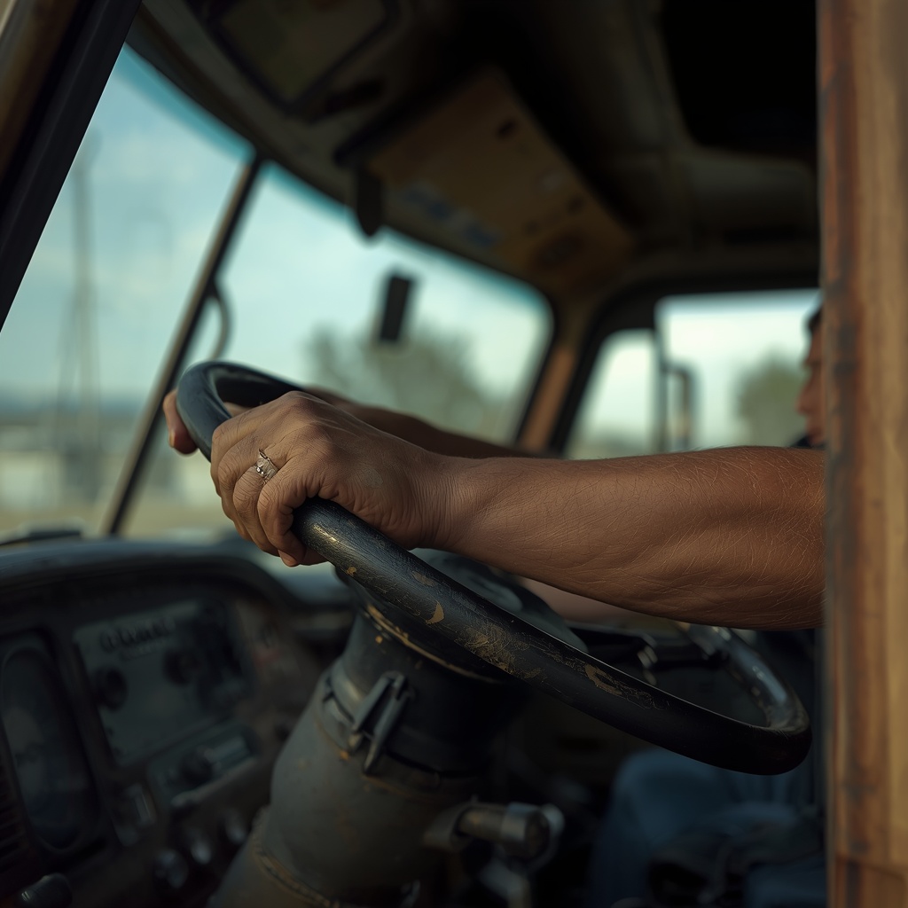 Weathered hands gripping a truck steering wheel